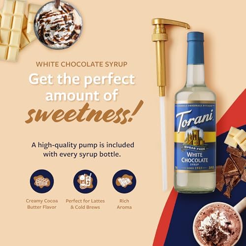 Torani Sugar Free Coffee Syrup, White Chocolate Flavored Syrup for Drinks, Zero Calorie, Glass Bottle with Pump Included, 25.4 Fl Oz