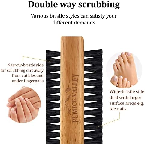 Wooden Cleaning Finger Nail Brush with Nylon Charcoal Bristles & Hanging Rope - Double-Sided Fingernail Brush for Scrubbing Fingernails and Toes (Beechwood)