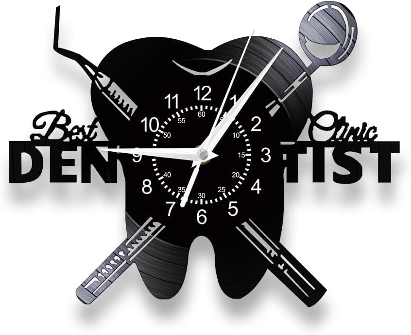 Dental Clinic Wall Clock, 12'' Teeth Dental Office Decor Clock Silent Quartz Non Ticking Battery Operated Modern Decorative Analog Black Vinyl Record Wall Clock for Dentist's Office Dentistry