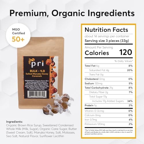 P.R.I Manuka Honey Salted Caramels – 1 lb Bulk Bag – Soft Chewy Caramels Made with New Zealand Manuka Honey & Sea Salt – Clean‑Label, No Corn Syrup, Gluten‑Free, Value Size Sharing Bag