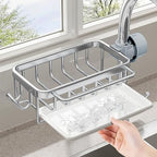 Buachois Sponge Holder for Kitchen Sink, Over Faucet Metal Basket with Drip Tray and Hanging Hook, Detachable Faucet Drain Rack for Soap Brush Rag (Silver)