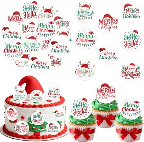 36PCS Edible Christmas Hat Cupcake Toppers Wafer Paper Merry Christmas HoHoHo Cupcake Picks for Holiday Theme Christmas Party Baby Shower Birthday Supplies