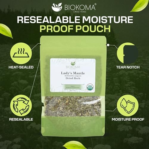 Biokoma Organic Lady's Mantle Herb 1.76 oz - Loose Herbal Tea Alchemilla Vulgaris - USDA Organic Leaves - Resealable Moisture Proof Pouch - No Additives - No Preservatives - Non GMO - Kosher