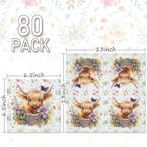Whaline 80Pcs Summer Highland Cow Paper Napkin Watercolor Cute Cow Flower Disposable Napkins Western Rustic Farmhouse Luncheon Dinner Napkin for Spring Summer Western Baby Shower Party Supplies