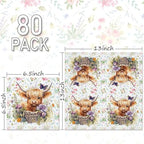 Whaline 80Pcs Summer Highland Cow Paper Napkin Watercolor Cute Cow Flower Disposable Napkins Western Rustic Farmhouse Luncheon Dinner Napkin for Spring Summer Western Baby Shower Party Supplies