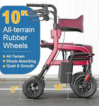 HOMLAND Foldable Walkers for Seniors with Seat, Lightweight 2 in 1 Rollator Walker Wheelchair Combo, 10" All Terrain Transport Chair with Brakes, Adjustable Seat & Handle, 300lb Capacity, Storage Bag