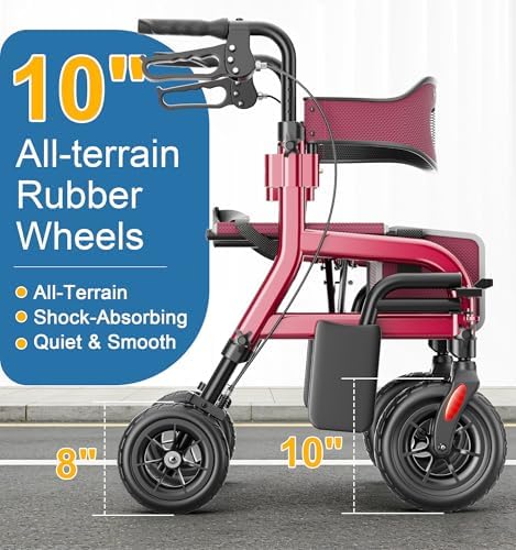 HOMLAND Foldable Walkers for Seniors with Seat, Lightweight 2 in 1 Rollator Walker Wheelchair Combo, 10" All Terrain Transport Chair with Brakes, Adjustable Seat & Handle, 300lb Capacity, Storage Bag