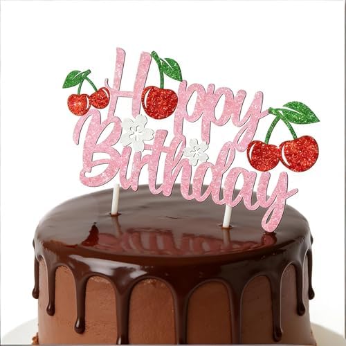 Pink Glitter Cherry Happy Birthday Cake Topper Party Decorations for Kids Baby Showers, Cherry Themed Parties Happy Birthday Celebrations for Cake Decor Enthusiasts