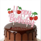 Pink Glitter Cherry Happy Birthday Cake Topper Party Decorations for Kids Baby Showers, Cherry Themed Parties Happy Birthday Celebrations for Cake Decor Enthusiasts