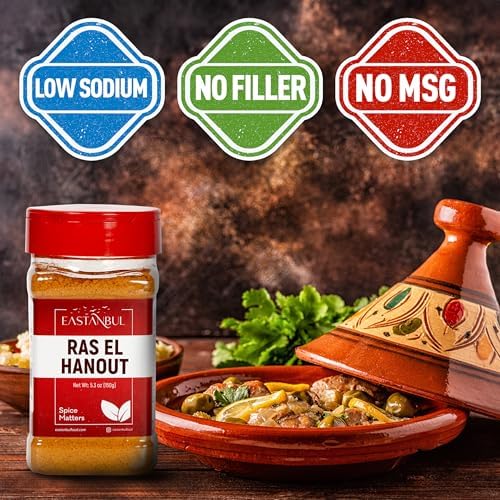 Eastanbul Ras El Hanout Spice, 5.3oz, Meat Seasoning, All-in-One Ras El Hanout Moroccan Spice Blend, North African Baharat Blend, Farm Fresh International Seasonings, Low Sodium, No MSG, No Filler