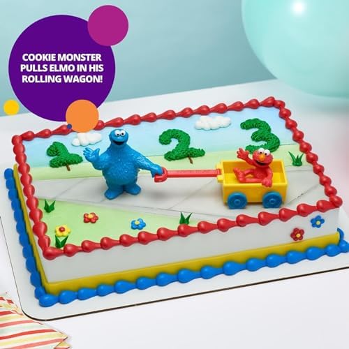 DecoSet® Sesame Street® Let's Play Cake Topper, 2-Piece Birthday Cake Decoration with Cookie Monster and Elmo in a Free-Wheeling Wagon, Ready to Use, Food Safe