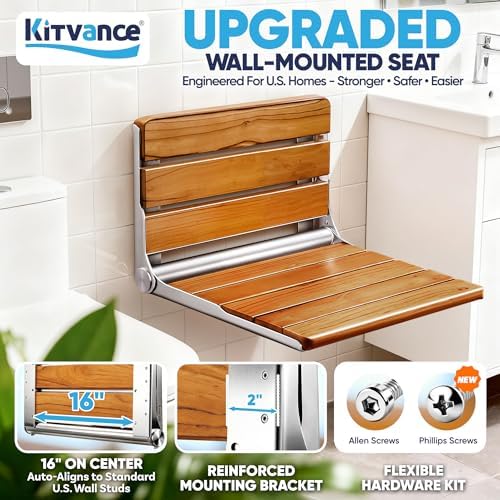 [Upgraded Version] 20" Folding Teak Shower Seat Wall Mounted- Shower Bench for Inside Shower, ADA Compliant Teak Shower Seat Wall Mounted Bench Bathroom Stool, Folding Bathtub Shower Seat for Elderly
