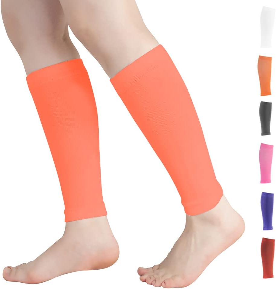 Calf Compression Sleeves for Men & Women (20-30mmhg) - Leg Compression Sleeve for Running, Cycling, Shin Splints Support, Relieve Legs Pain, Travel (One Pair)(Orange,Large)