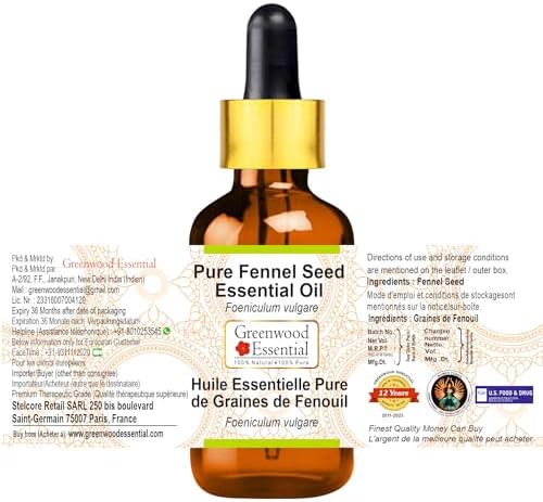 Greenwood Essential Fennel Seed Essential Oil (Foeniculum vulgare) with Glass Dropper | Pure | Non-Sticky | Non-Greasy | Lightweight | Men & Women | All Skin Types | Steam Distilled 30ml (1 oz)