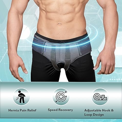 Wonder Care- Grey Inguinal Hernia Support Truss brace for Single/Double Inguinal or Sports Hernia with Two Removable Compression Pads & Adjustable Groin Straps Surgery & injury Recovery belt- Large