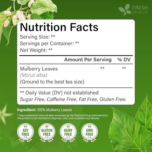 FreshDrinkUS, Premium 120 Mulberry Leaf Tea Bags, 100% Natural & Pure from Mulberry Leaves. Loose Leaf Herbal Tea. Made with Natural Material Tea Bags. No Sugar, No Caffeine, No Gluten, Vegan.
