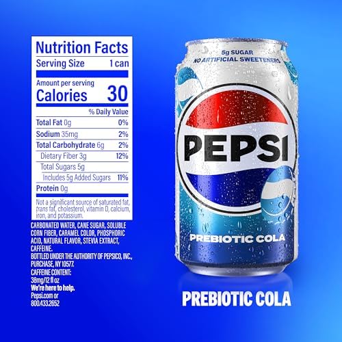 Pepsi Prebiotic Cola, 12 fl oz Cans (8 Pack), 30 Calories, 5g Prebiotic Fiber, 5g Sugar, Soda Pop