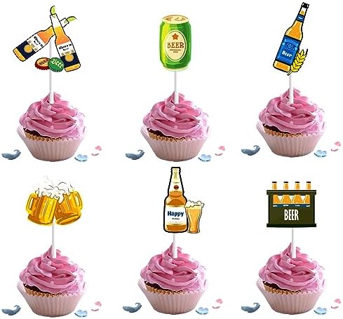 18pcs Beer Cupake Toppers for Men Women Birthday Oktoberfest Cheers and Beers Theme Party Supplies Wine Happy 20th 30th 40th 60th 70th Golden Birthday Cake Decorations