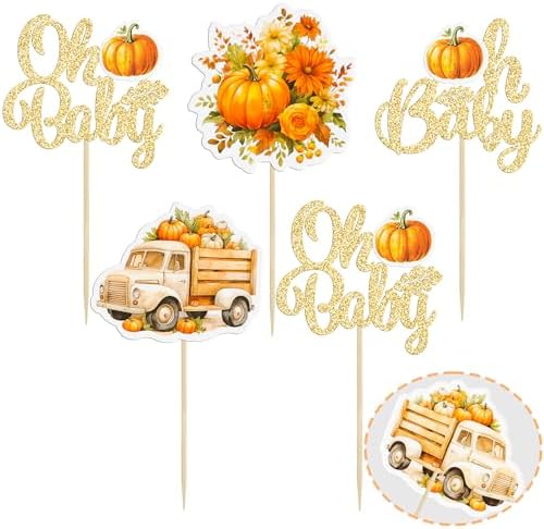 Gyufise 24Pcs Little Pumpkin Baby Shower Cupcake Toppers Pumpkin Baby Shower Cupcake Pick Decorations Fall Themed Gender Reveal Party Decorations Supplies Orange Gold