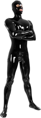 LESOYA Men's Shiny Wetlook PVC Leather Zipper Crotch Bodysuit Full Body Catsuit Attached Hood Gloves