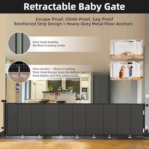 Retractable Baby & Pet Gate, 236″L x 42″H Extra Wide Mesh Retractable Dog Gate, 7 Reinforced Rods & Suction Cups, Safety Lock, One-Hand Operation,16 FT Easy Install for Indoor Outdoor, Black