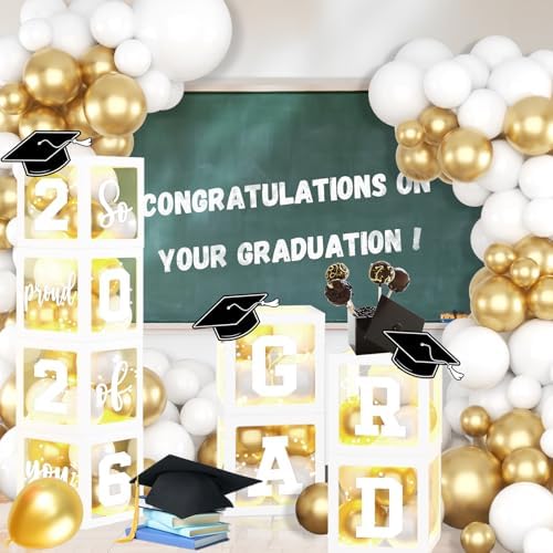 Graduation Party Decorations Class Of 2026,White and Gold Graduation Decorations Grad Boxes with Letters 2026 Grad So Proud Of You for College Party Graduation Party Supplies