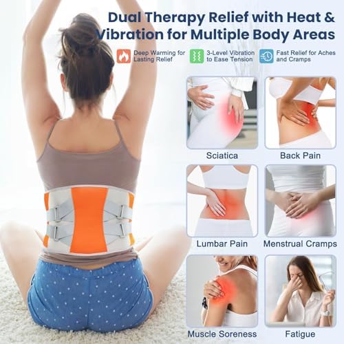 Cordless Heating Pad for Back Pain Relief, 40" Rechargeable Lumbar Massager with Heat, Adjustable Vibration & Heating Belt for Waist, Muscle Relaxation - Portable and Comfortable (Orange red)
