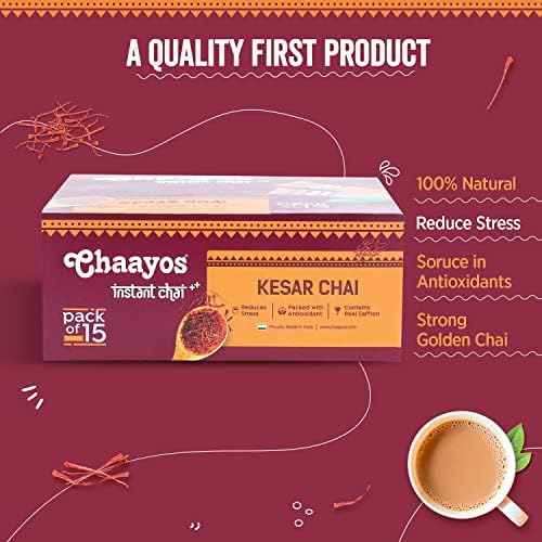 Chaayos Instant Saffron Tea Premix - Kesar Chai Tea Latte Mix | 100% Natural Saffron | Saffron Chai Tea | Instant Powdered Mix | Chai Tea Powder | Instant Tea Premix | Masala Saffron Chai Tea | Contains Regular Sugar - 15 Sachets
