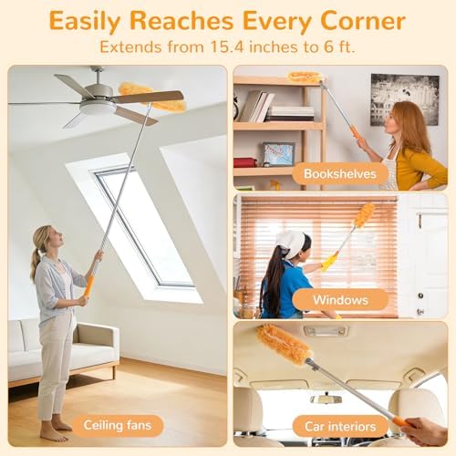 6 ft Heavy Duty Extendable Duster Handle with 50 Refills for Swiffer Duster, 360° Multi-Surface Dusters with 4X Cleaning Power for Home, Ceiling Fans, Windows, Dusting Hard-to-Reach Areas (Orange)
