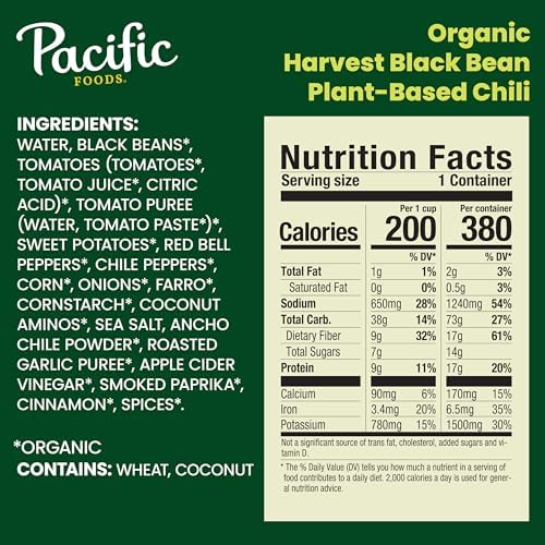 Pacific Foods Organic Harvest Black Bean Chili, Plant Based, 16.5 oz Can