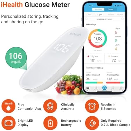 iHealth Gluco+ Wireless Smart Blood Glucose Monitor Kit with Free App, 100 Glucometer Strips, 100 Lancets, 1 Blood Sugar Monitor, 1 Lancing Device, Portable Diabetes Testing Kit for Home Use