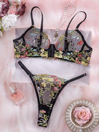 Sexy Floral Embroidered Flower Mesh Underwire Push Up Lingerie Set