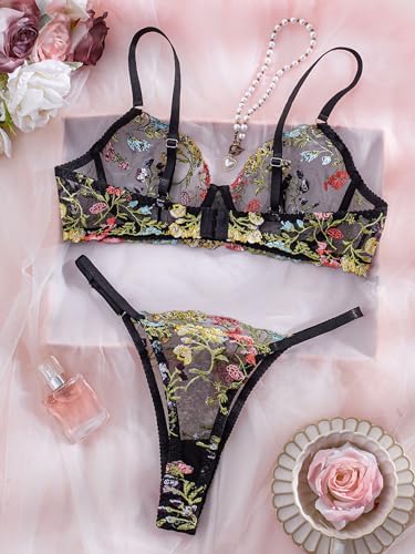 Sexy Floral Embroidered Flower Mesh Underwire Push Up Lingerie Set