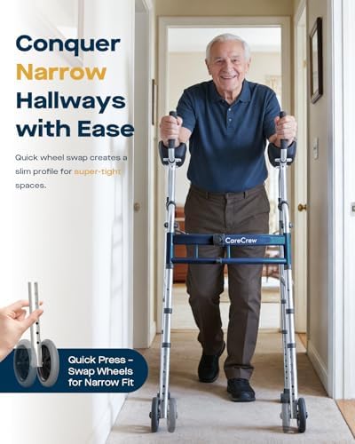 Folding Narrow Upright Walkers for Seniors - with Removable Armrests, Adjustable Width Lightweight Narrow Walker for Elderly and Bariatric, 450lb Heavy Duty Platform Walker for Small Spaces