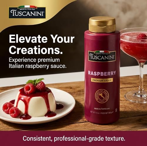 Tuscanini Italian Premium Raspberry Sauce,10.6 oz | Made in Italy | Gourmet Fruit Syrup for Cheesecake, Plating, Cocktails & Mocktails | Squeeze Bottle | Natural Colors