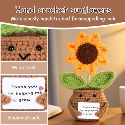 Thank You for Helping Me Grow Gifts for Teacher,Mom,Dad Appreciation Gifts for Women Men, Retirement End of Year Daycare Mentor Tutor Thank You Present, Handmade Crochet Sunflower Desk Decor