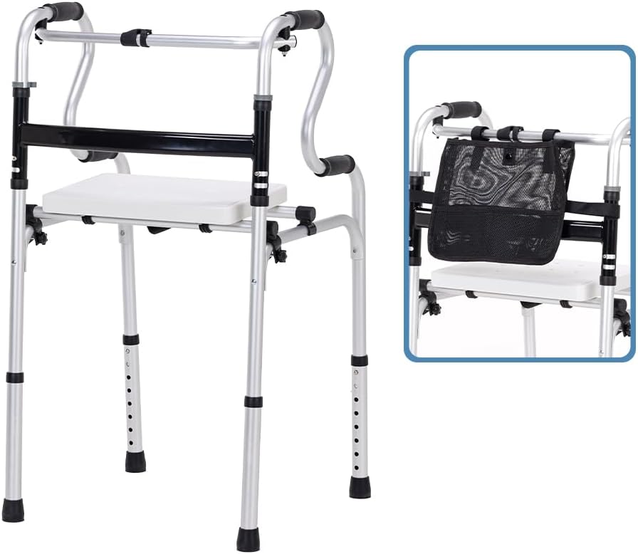 300LBS Lightweight Folding Walker with Seat,Storage Bag,Adjust Height (5'-6'5"), 2-in-1 Fixed/Cross Modes, Stable Aluminum Mobility Aid for Seniors, Post-Surgery Patients & Mobility-Impaired