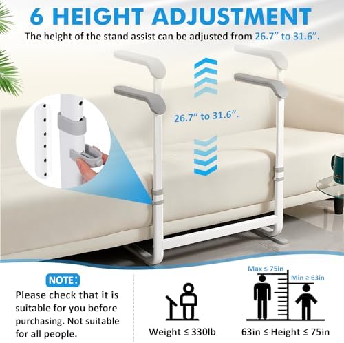Chair Couch Stand Assist Height Adjustable Chair Couch Lift Assist for Elderly Sit to Stand Mobility Standing Aid Rail for Couch Sofa Chair Toilet Bed Loading 330 lbs