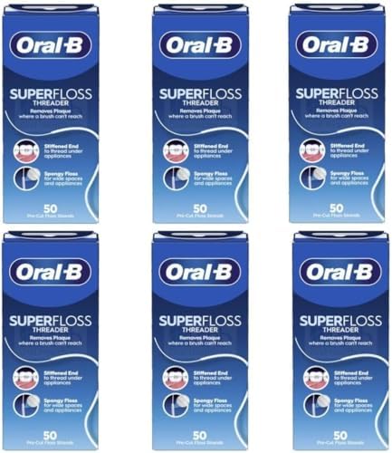 Oral-B Super Floss Threader Dental Floss, Pre-Cut Strands, 50 Count (Pack of 6) – Mint Flavor (Packaging May Vary)