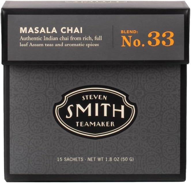 Steven Smith Teamaker Masala Chai No. 33, Caffeinated, Sugar-Free, Spiced, Full Leaf Black Assam Tea Blend, Tea Bags 15 Sachets, 1.8oz each