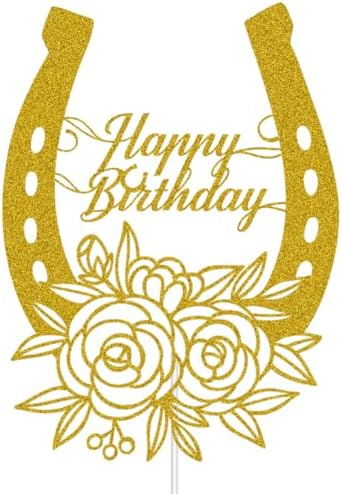 Horseshoe Happy Birthday Cake Topper, Western Theme Cake Topper, Racing Horse, Mexican Birthday Party Decor, Gold Glitter