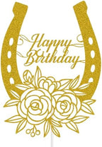 Horseshoe Happy Birthday Cake Topper, Western Theme Cake Topper, Racing Horse, Mexican Birthday Party Decor, Gold Glitter