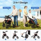 2 in 1 Rollator Walker for Seniors with Seat, Walker Wheelchair Combo, Transport-Wheelchair-Lightweight-Foldable with Adjustable Seat and Handle, 300 Lb. Weight Capacity, Red