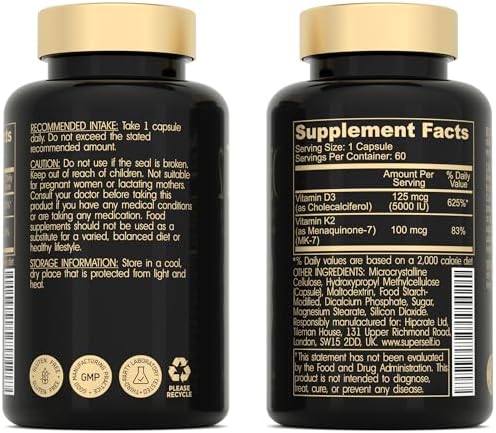 SuperSelf Vitamin D3 K2 Capsules - Vitamin D3 5000 IU and Vitamin K MK7 100mcg - 60 Capsules - USA Made Vegetarian Vitamin D Supplement - High Strength VIT D for Bones, Muscle, Teeth, Immune System