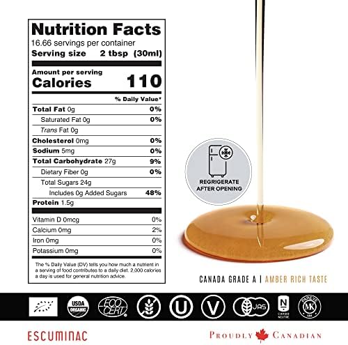 Escuminac Canadian Maple Syrup 500ml | Extra Rare Amber Grade A | Smooth & Rich Taste | Organic Gourmet Gift, Souvenir, Holiday & Birthday Treat, Thanksgiving Essentials
