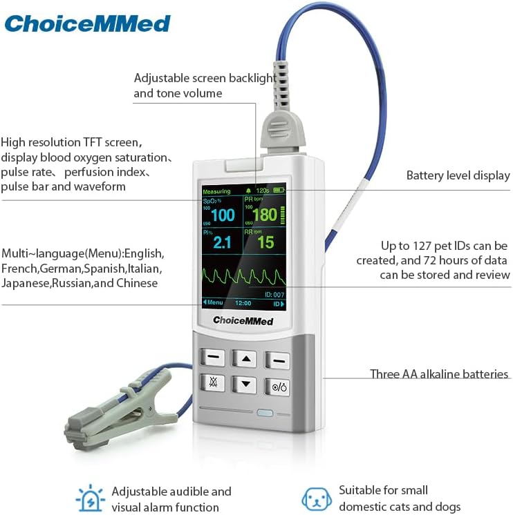 ChoiceMMed Handheld Pulse Oximeter for Vet Use - Heart Rate - Medical Monitoring for Dog, Cat, and Small Animals - Blood Oxygen Saturation Medical Monitoring Equipment