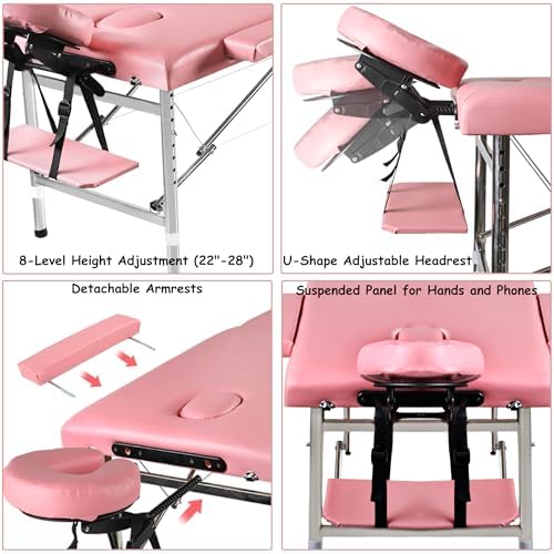 Massage Table Portable Lash Tattoo Spa Bed Foldable Salon Facial Eyelash Beds for Esthetician 24" Wide Folding Physical Therapy Table for Home, Adjustable Height, 2 Section