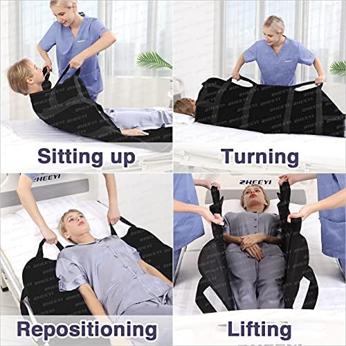 Bed Positioning Pad with Reinforced Handles 48" x 40" Lifting Turning Patient Sheet Transfer Blanket for Caregiver, Bedridden, Elderly, Black