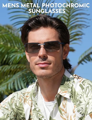 BIRCEN Mens Metal Photochromic Sunglasses: UV Protection Al-Mg Sun Glasses Ultra-light Rimless Shades for Driving Cycling