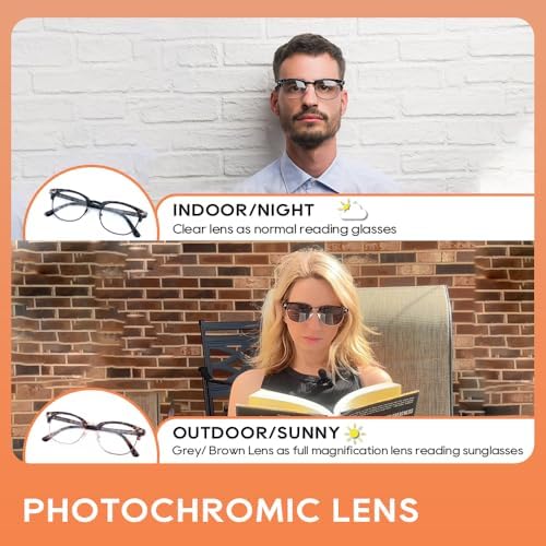 2 Pack Photochromic Reading Sunglasses for Men Women Full Lens Sun Readers Outdoor Magnifying Glasses NON BIFOCAL, +3.0